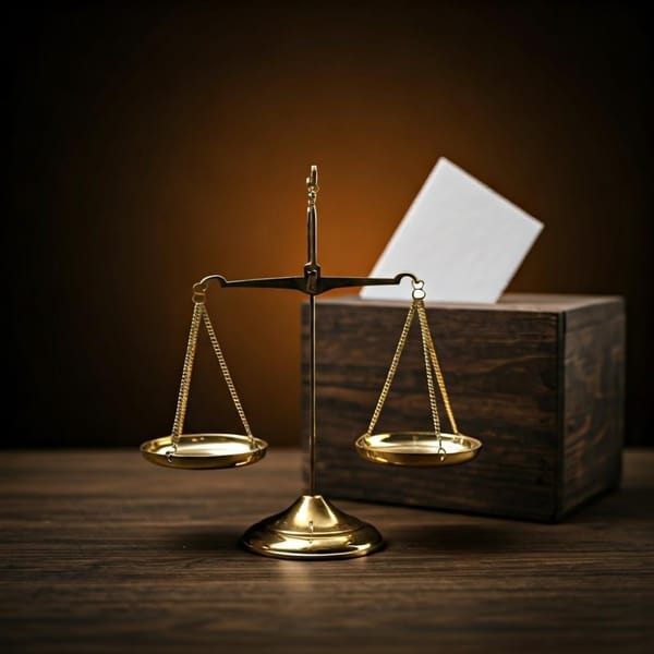 A scales of justice with a ballot box in the background, representing the fusion of justice and democracy.