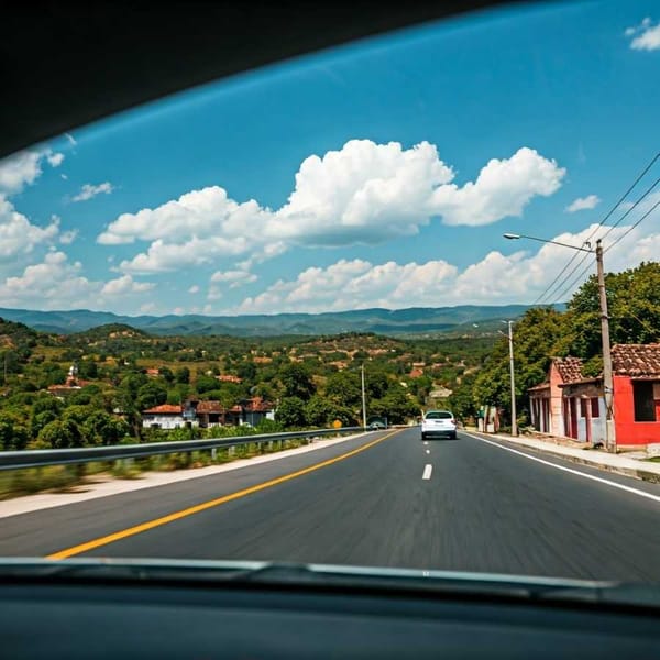 A scenic photo of a car driving on a free road in Mexico.