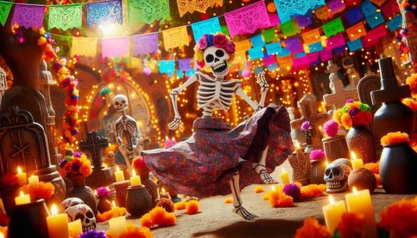 A spooky skeleton wandering through a Mexican cemetery, with Day of the Dead decorations in the background.