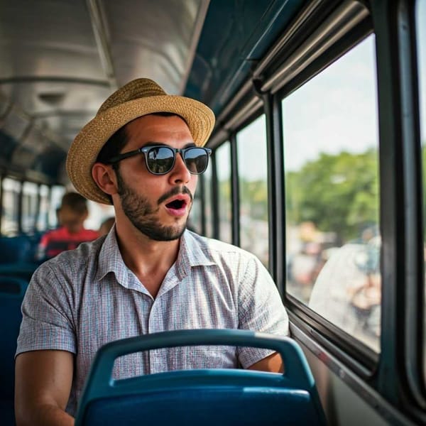 A man wearing a hat and sunglasses sits on a double-decker bus, looking out the window.