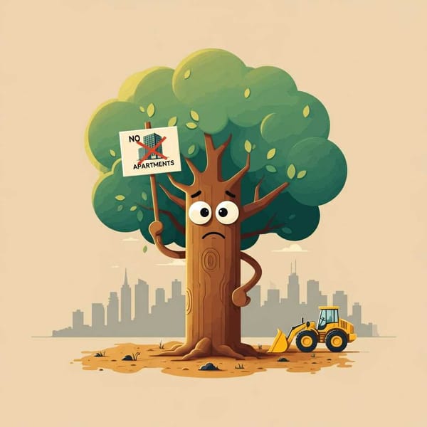 A cartoon tree holding a "No Apartments" sign while a bulldozer looms in the background.