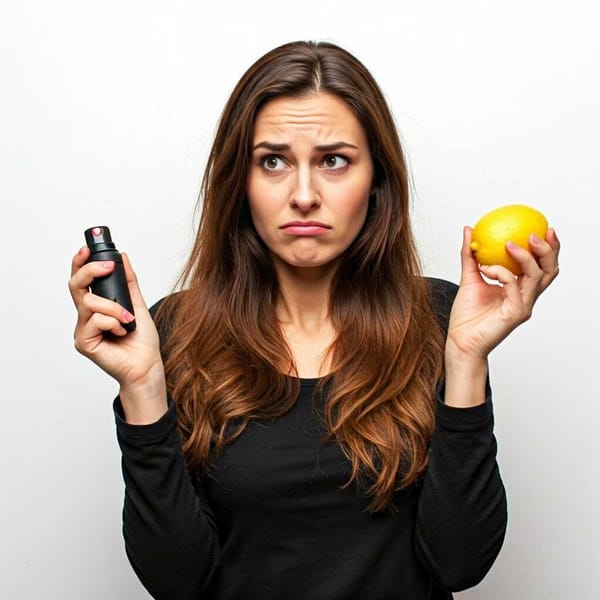 A woman holding a lemon and a pepper spray canister, with a confused expression.