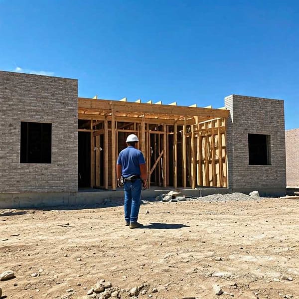 A worker standing in front of a newly constructed house.