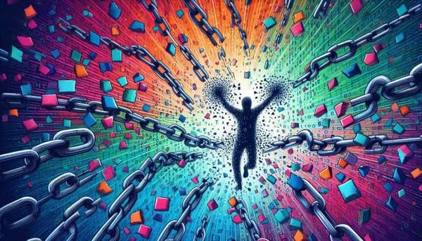 A person breaking free from chains, surrounded by colorful fragments of a broken binary code.