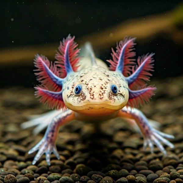 Axolotl, a small, aquatic salamander with feathery gills, swimming in a tank.