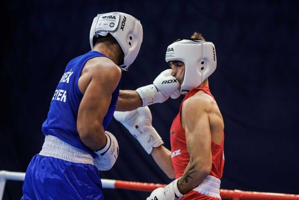 Two boxers, one in red and one in blue, facing each other in a boxing ring.