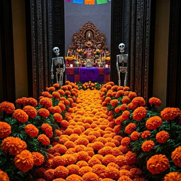 Orange cempasúchil flowers forming a path from a doorway to an ornate Day of the Dead altar.