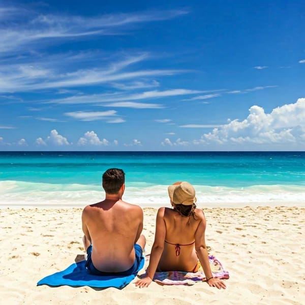 Happy tourists enjoying a seaweed-free beach in Cancún, with "very low" sargassum indicator.