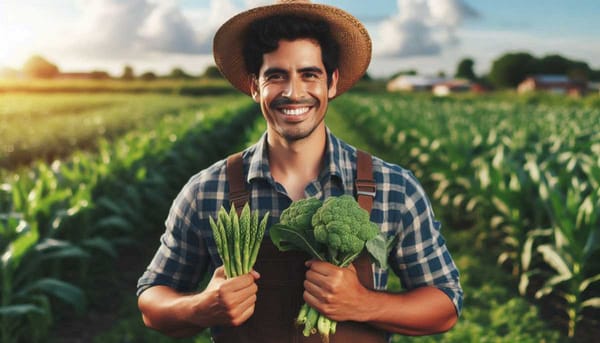 A farmer standing in a field, smiling and holding up healthy crops.