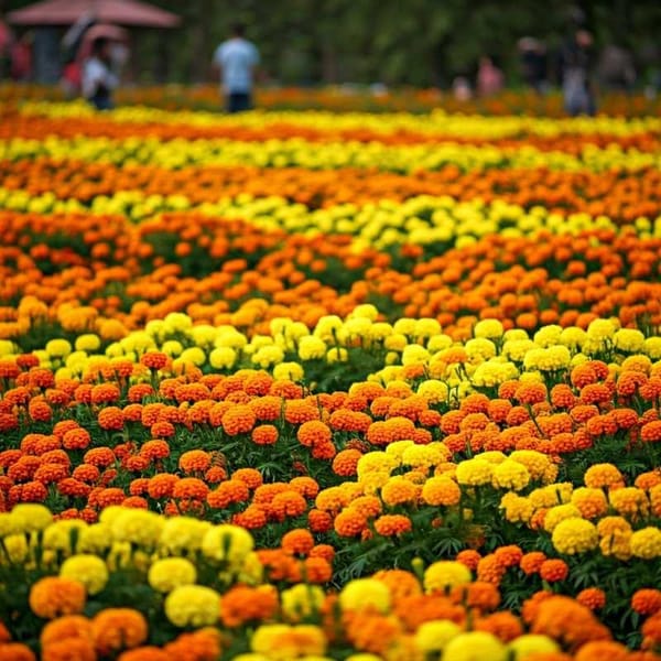 Mexican marigold fields showcasing various shades of yellow and orange.