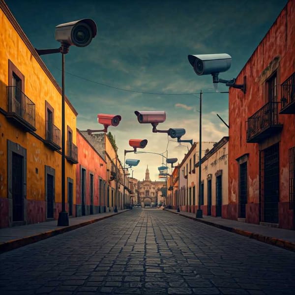 Mexican street scene with exaggerated security measures and paranoid pedestrians.