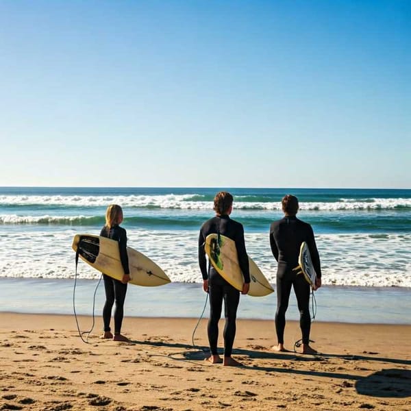 Mexican surfers standing on the beach with their surfboards, looking out at the ocean waves.