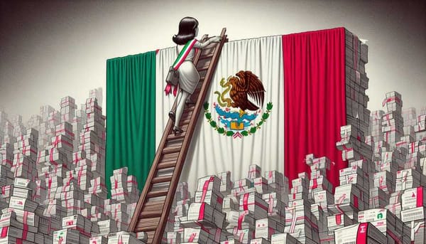 Mexican woman climbing a ladder made of ballot papers, reaching towards a presidential sash at the top.