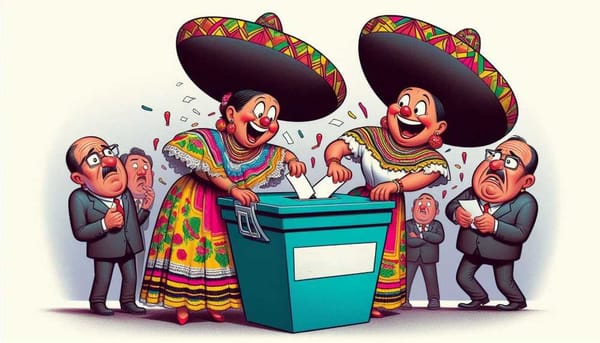 Illustration of Mexican women in traditional dress stuffing oversized ballots into a large ballot box.