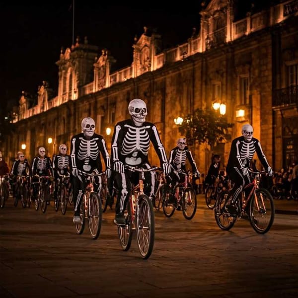 Nighttime cyclists dressed as skeletons through Mexico City's illuminated streets.