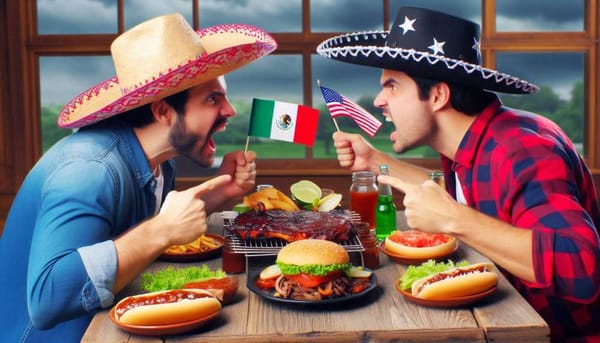 A Texan and an American arguing over a plate of barbecue.