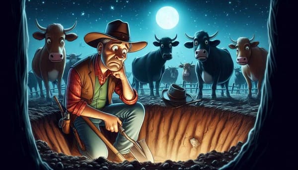 A comical illustration of a bewildered cowboy digging a hole at night.