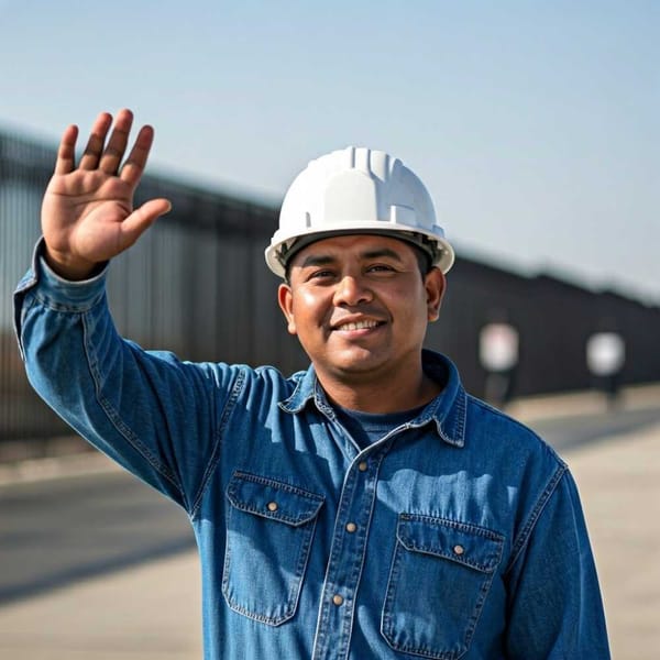 A factory worker smiling and waving from a factory in Mexico