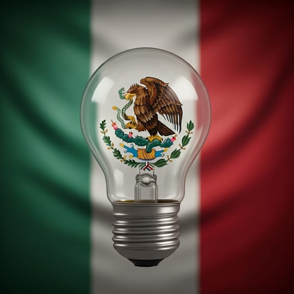 A photo of a light bulb with a Mexican flag in the background.