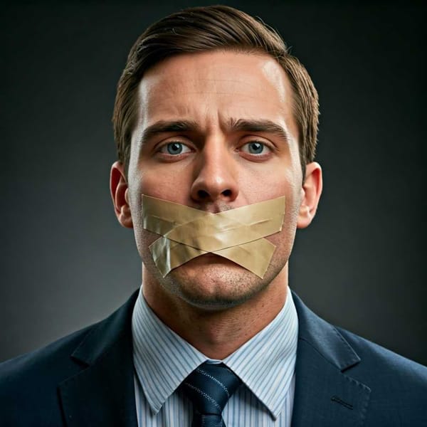 A photo of a person with their mouth taped shut, representing the suppression of free speech.