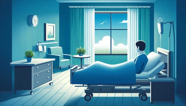 A person in a hospital bed looking out a window.