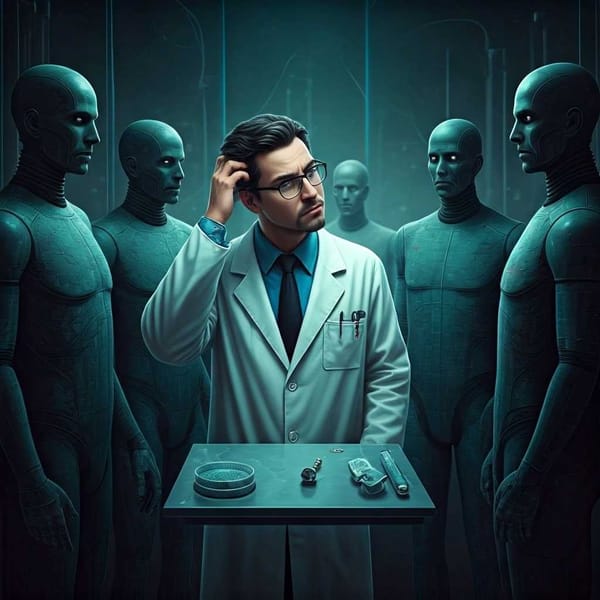 A scientist surrounded by multiple failed clones, scratching his head in confusion.