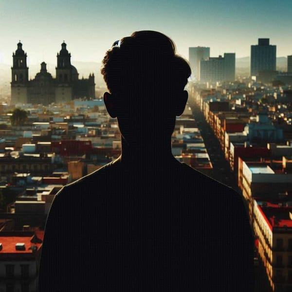 A photo of a shadowy figure representing the Ontiveros brothers, with a cityscape in the background.