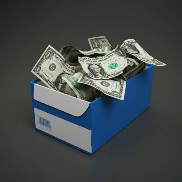 A photo of a shoe box filled with one-dollar bills, representing the unconventional payment method.