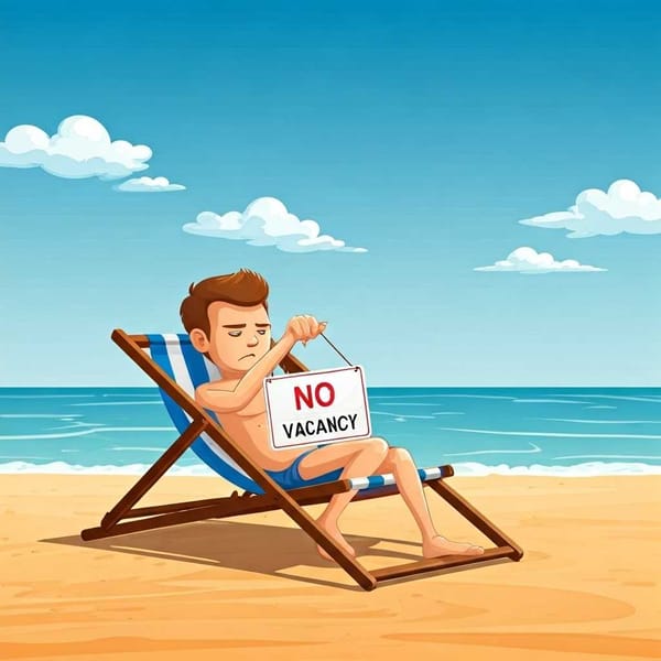 Illustration of a stressed-out sun lounger holding up a "No Vacancy" sign.