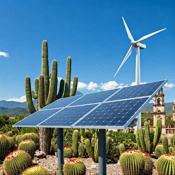 Image of a wind turbine or solar panel in a Mexican landscape.