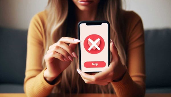 A photo of a person holding a phone with a dating app open, with a red X marked through it.