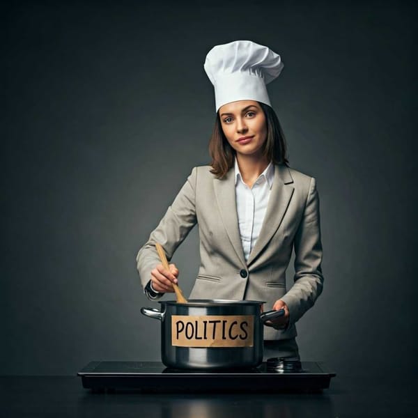 A woman in a chef's hat stirring a pot labeled "Politics".