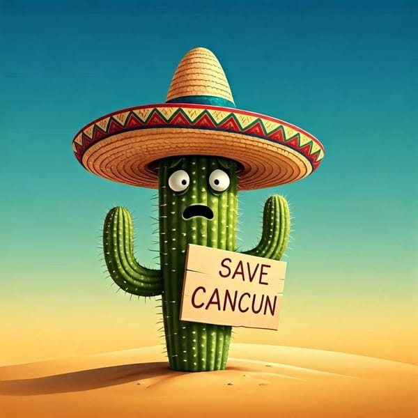 Illustration of a worried sombrero-wearing cactus holding a "Save Cancun" sign.