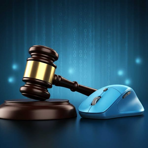 A judge's gavel transforming into a computer mouse, with binary code floating around it.