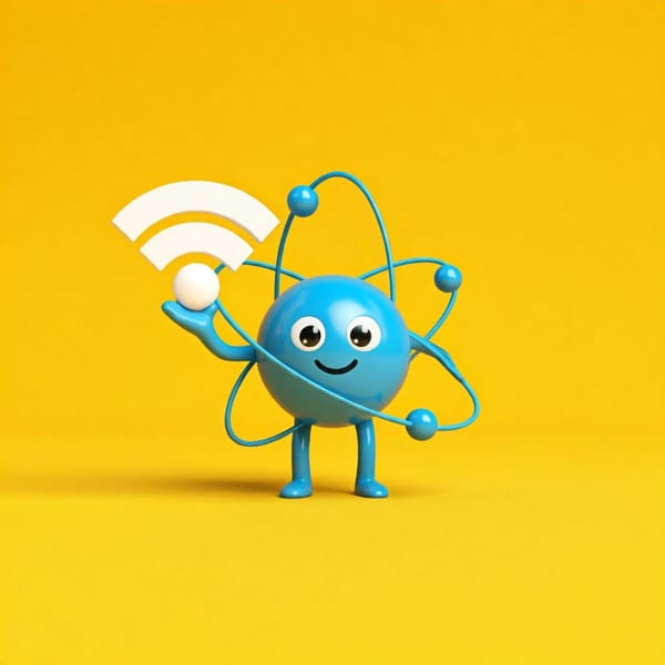 A smiling lithium atom holding hands with a Wi-Fi symbol.