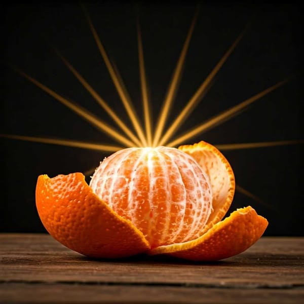 A mandarin being peeled, with its segments bursting out like a ray of sunshine.