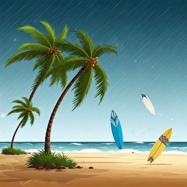 Palm trees bending in strong winds, with surfboards and beach umbrellas flying by.