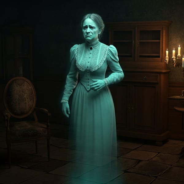 A woman's ghostly figure, dressed in white.