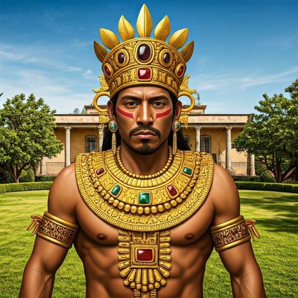 A cacique, adorned with gold and jewels, standing proudly in front of his estate.