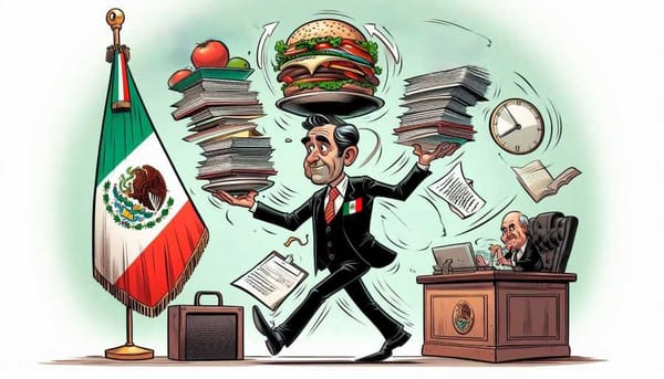 A cartoon depicting a Mexican diplomat juggling duties such as trade negotiations.