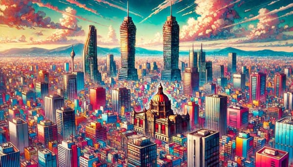 A colorful painting of a Mexico City skyline.