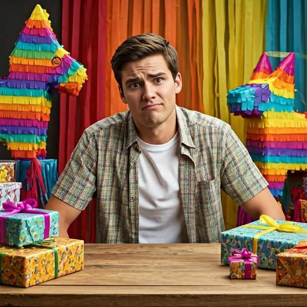 A confused-looking person surrounded by colorful piñatas and wrapped gifts.