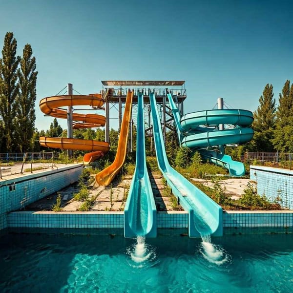 A deserted water park, a symbol of overambition and economic downturn.