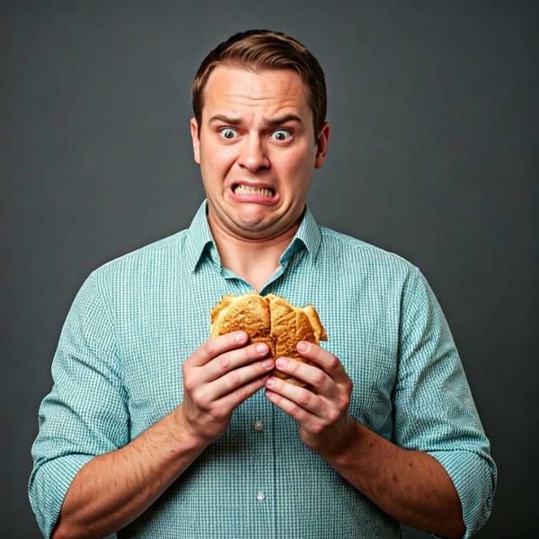 A man grimaces while holding a grotesque sandwich, looking utterly disgusted.