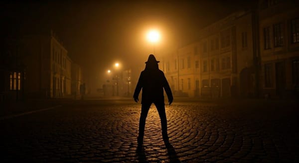 A mysterious figure walking through a foggy town square at night.