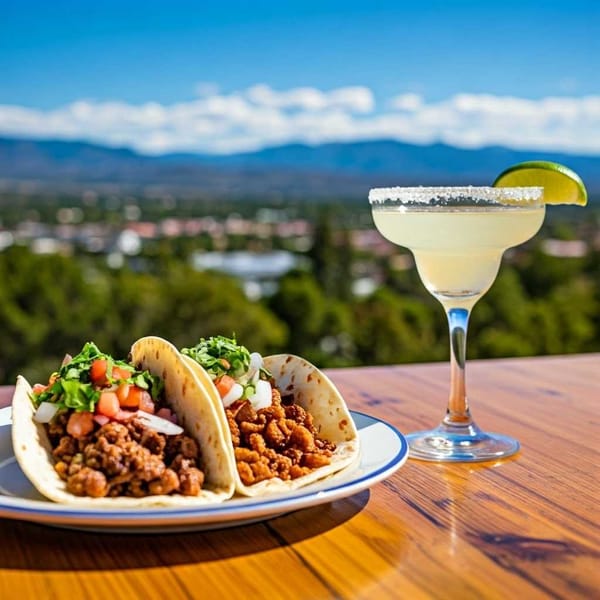 A person enjoying a taco and a margarita outdoors with a beautiful view of a Mexican landscape.