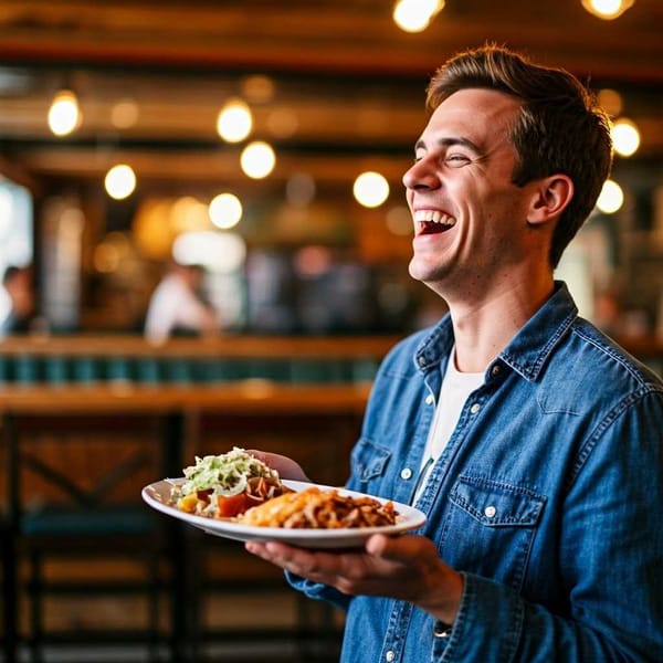 A person laughing with a plate of food.