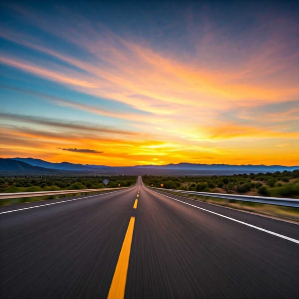 A scenic road trip through Mexico's countryside, with a vibrant sunset in the background.