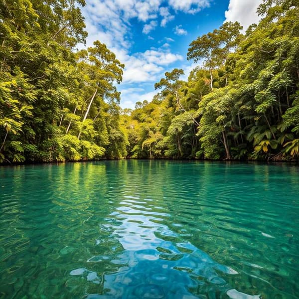 A serene lagoon in Mexico, surrounded by lush greenery and perfect for swimming and kayaking.