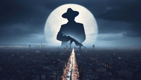 A shadowy figure, representing the Sinaloa Cartel, casting a long shadow over Barcelona.